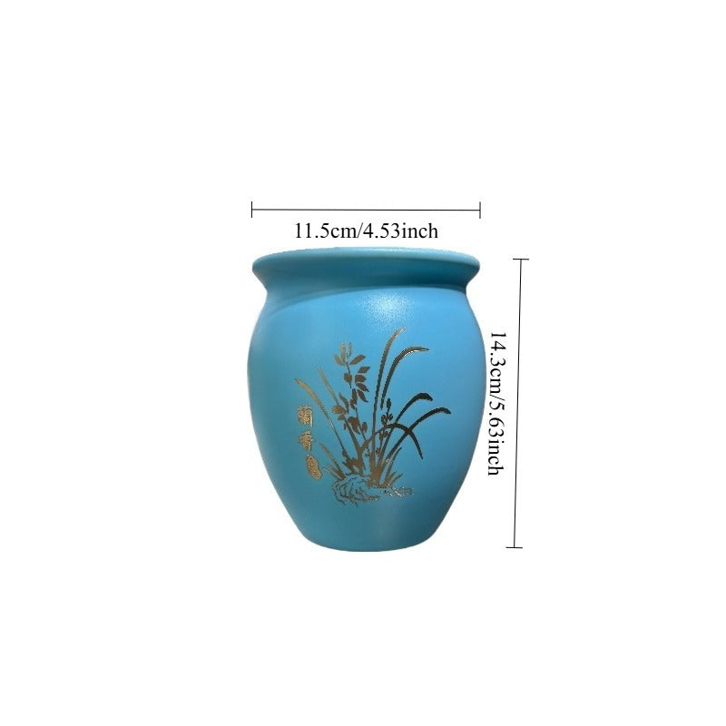 Pot de fleur bleu mat Ø 12 cm à motif orchidée, lot de 2