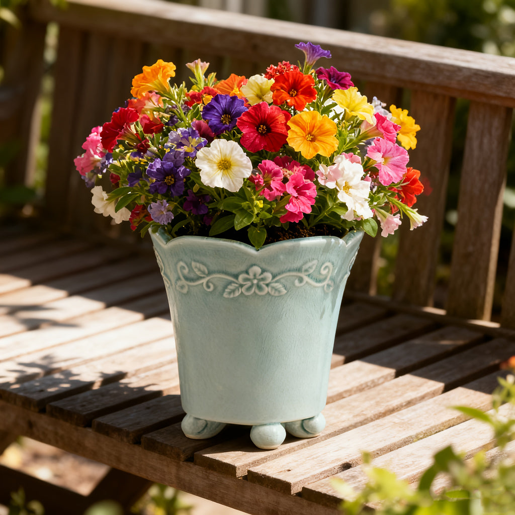 Petit pot de fleur en céramique émaillée Ø 15 cm, décor floral