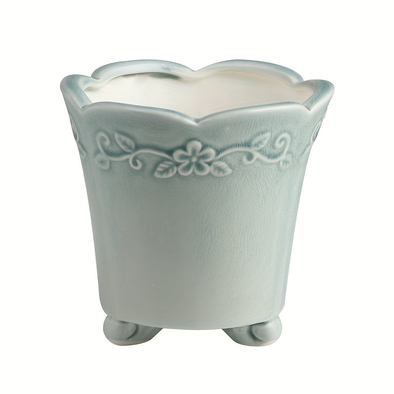 Petit pot de fleur en céramique émaillée Ø 15 cm, décor floral