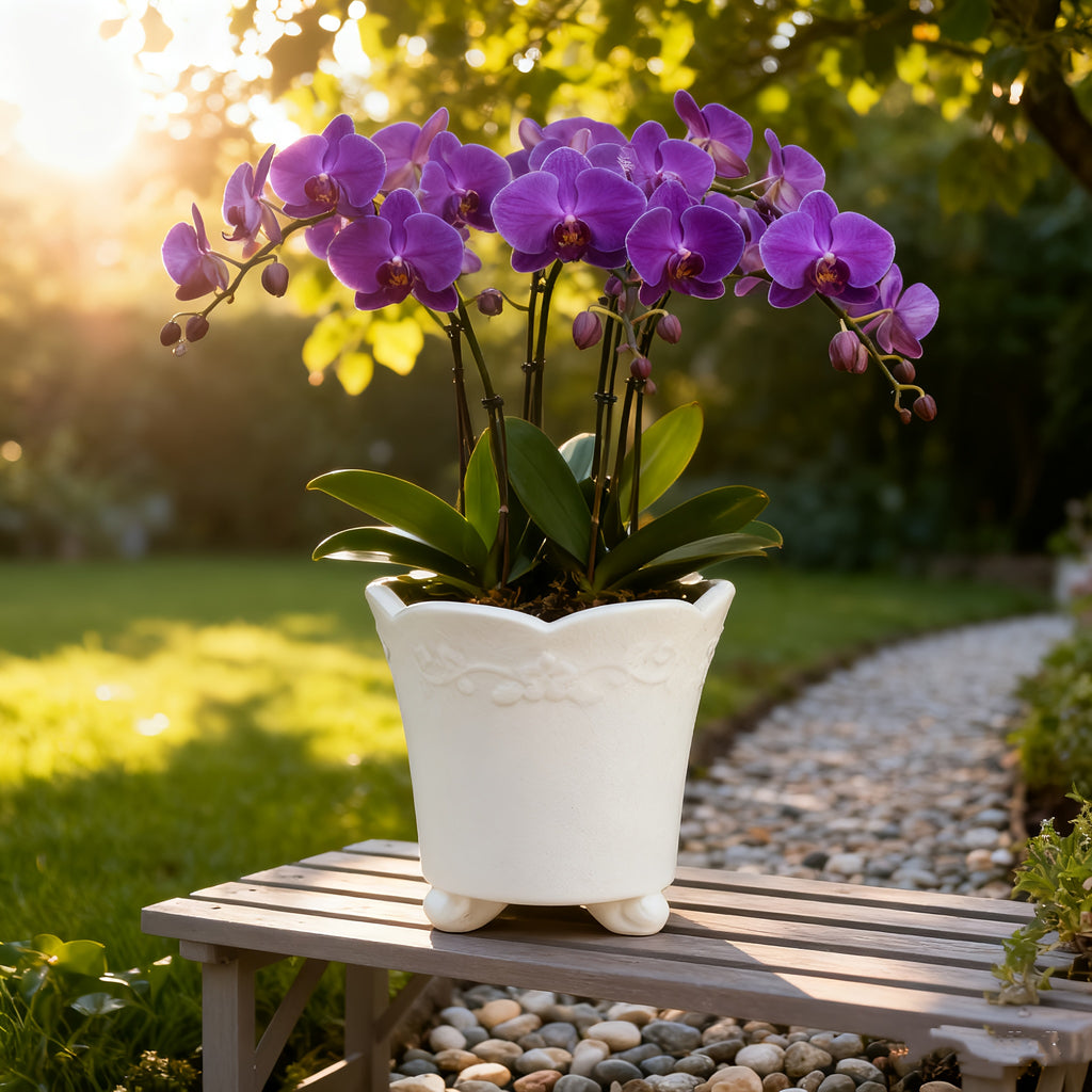 Petit pot de fleur en céramique émaillée Ø 15 cm, décor floral