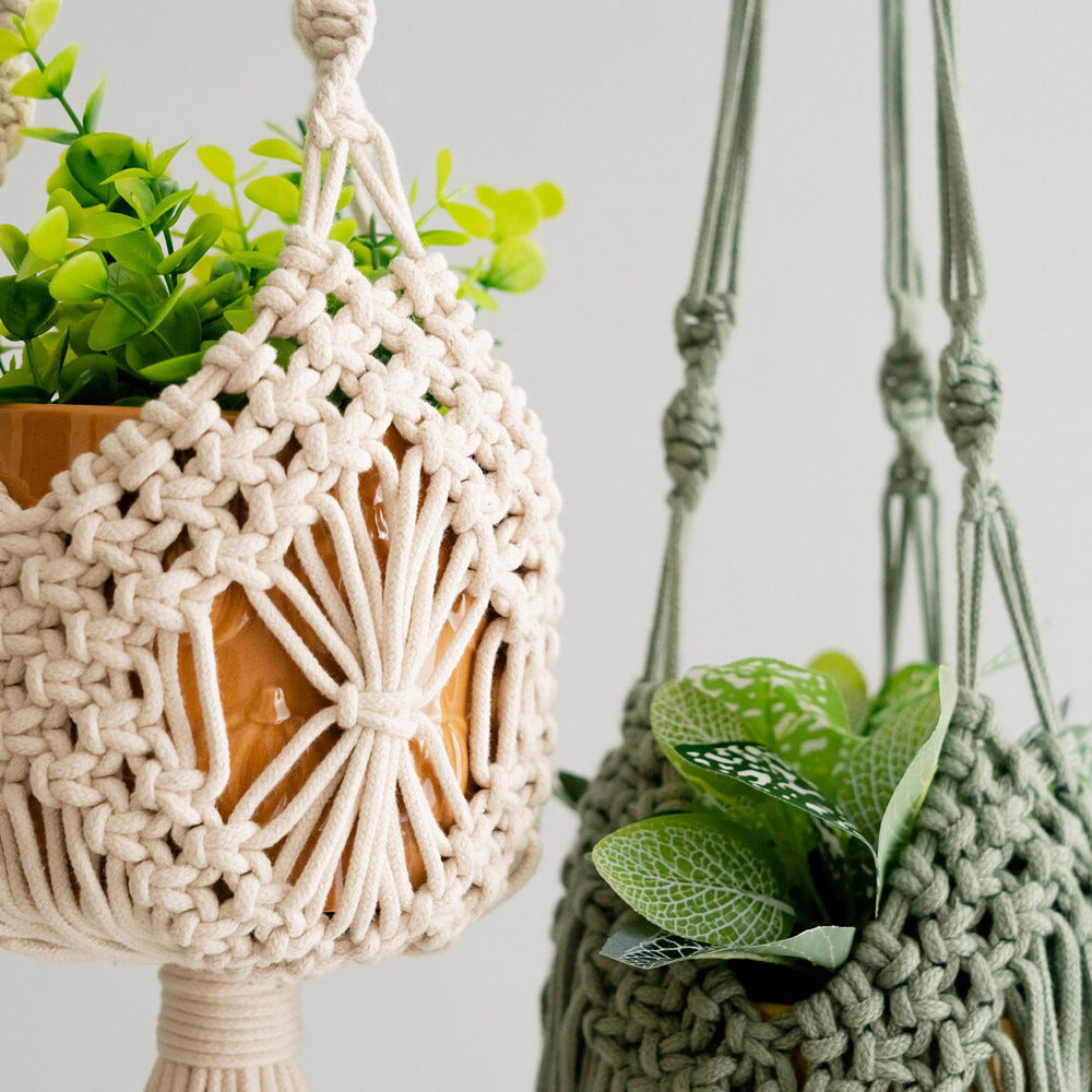 Suspension pour plante en macramé — panier tressé main, 80 cm