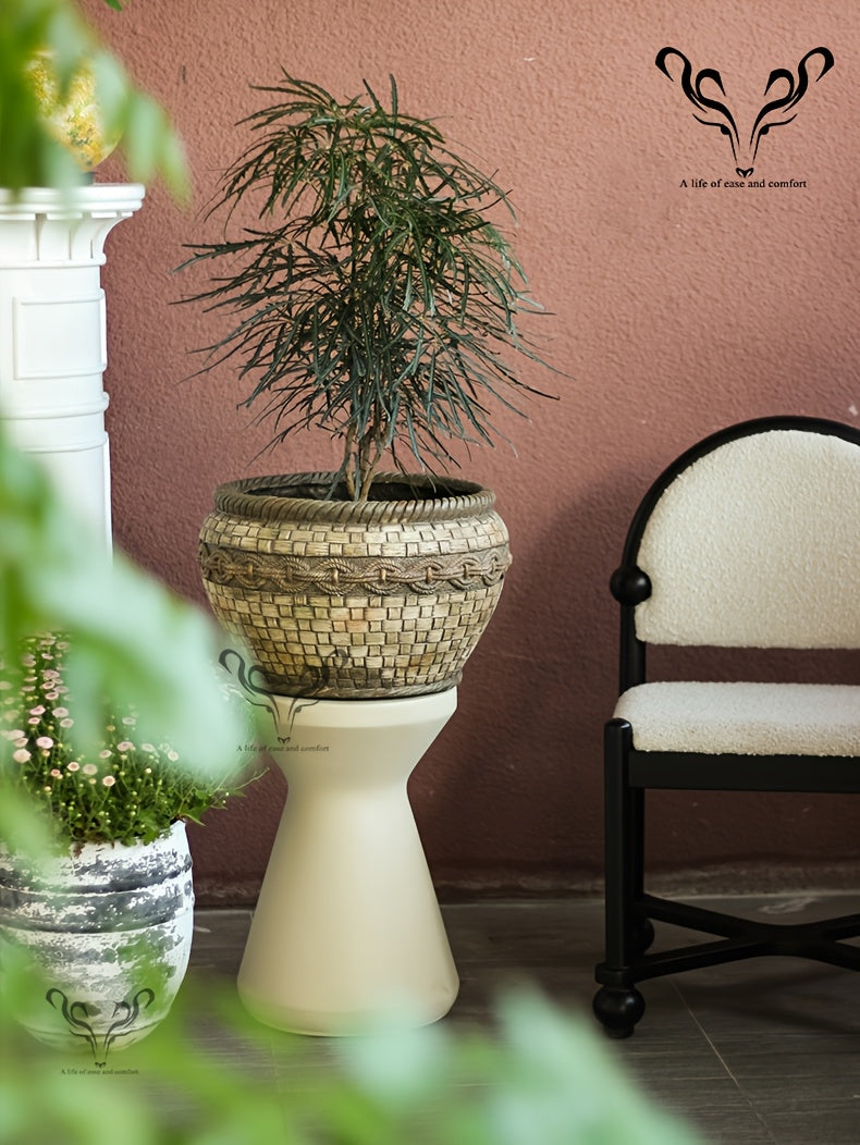 Pot de fleur aspect rotin tressé Ø 40 cm, beige vintage