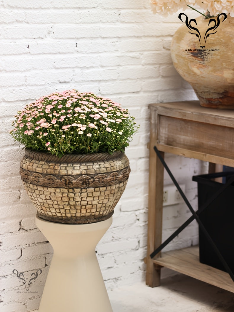 Pot de fleur aspect rotin tressé Ø 40 cm, beige vintage