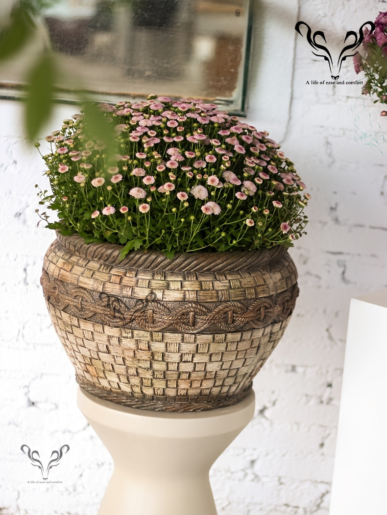 Pot de fleur aspect rotin tressé Ø 40 cm, beige vintage