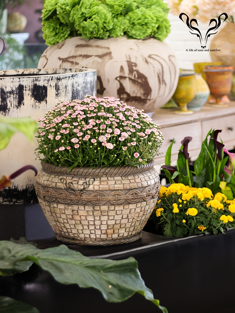 Pot de fleur aspect rotin tressé Ø 40 cm, beige vintage