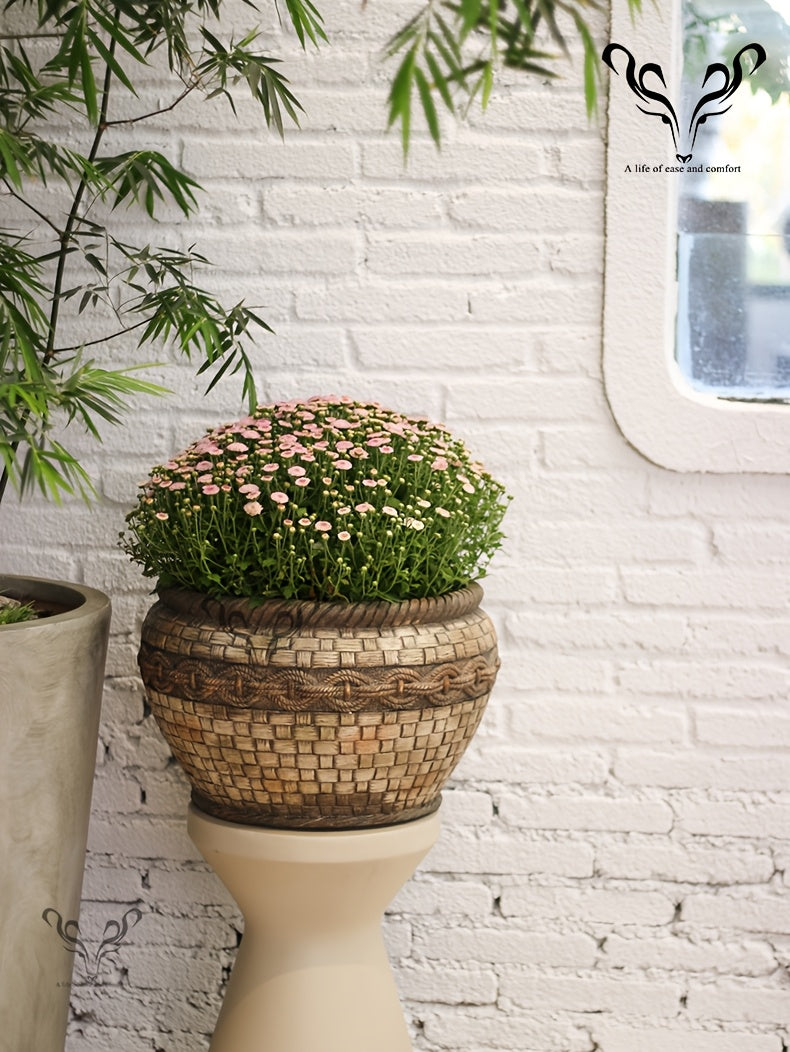 Pot de fleur aspect rotin tressé Ø 40 cm, beige vintage