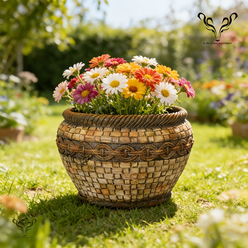 Pot de fleur aspect rotin tressé Ø 40 cm, beige vintage