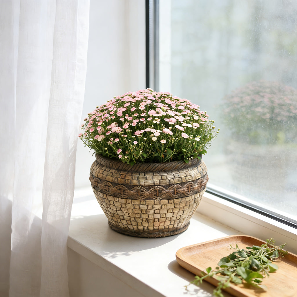 Pot de fleur aspect rotin tressé Ø 40 cm, beige vintage