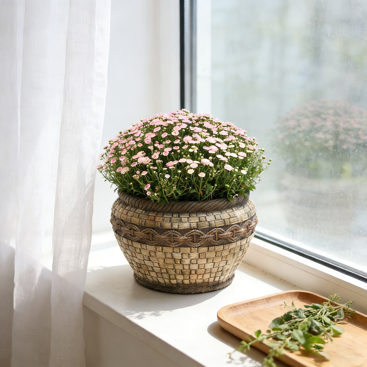 Pot de fleur aspect rotin tressé Ø 40 cm, beige vintage