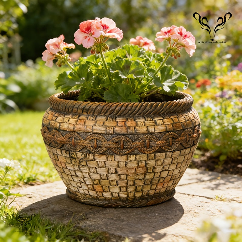 Pot de fleur aspect rotin tressé Ø 40 cm, beige vintage