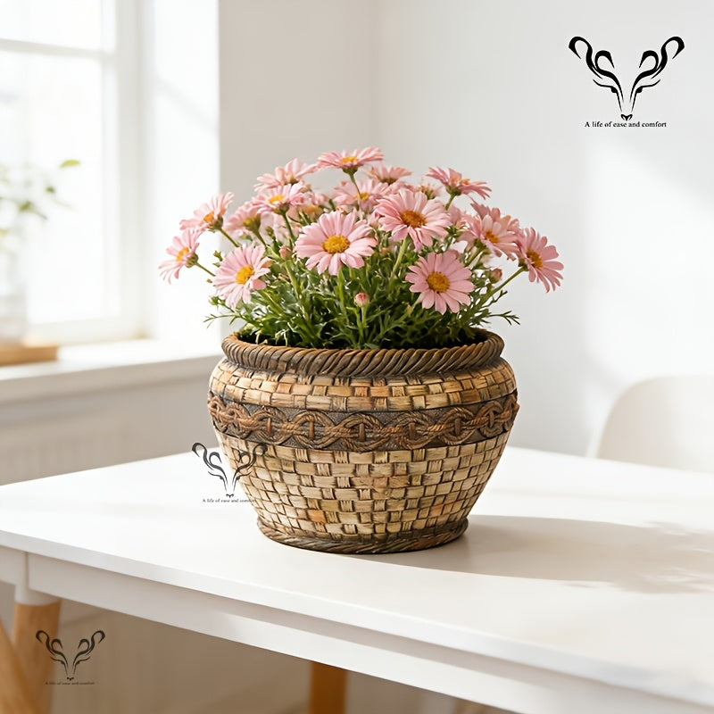 Pot de fleur aspect rotin tressé Ø 40 cm, beige vintage
