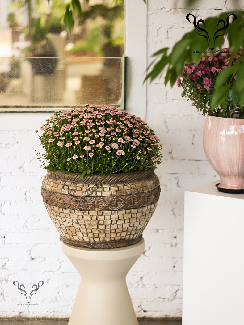 Pot de fleur aspect rotin tressé Ø 40 cm, beige vintage