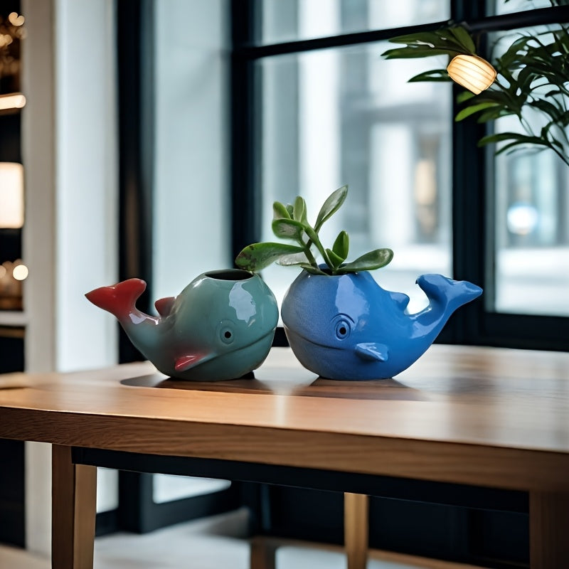 Pot de fleur baleine en céramique émaillée 15 cm - déco marine