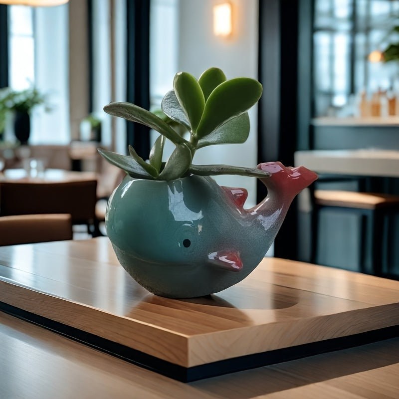 Pot de fleur baleine en céramique émaillée 15 cm - déco marine