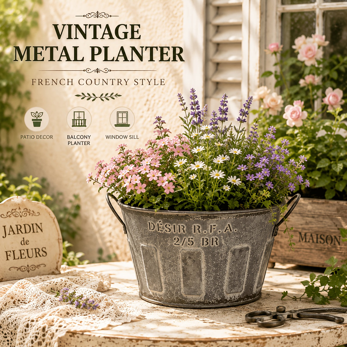 Pot de fleur bassin en métal galvanisé vintage à poignées