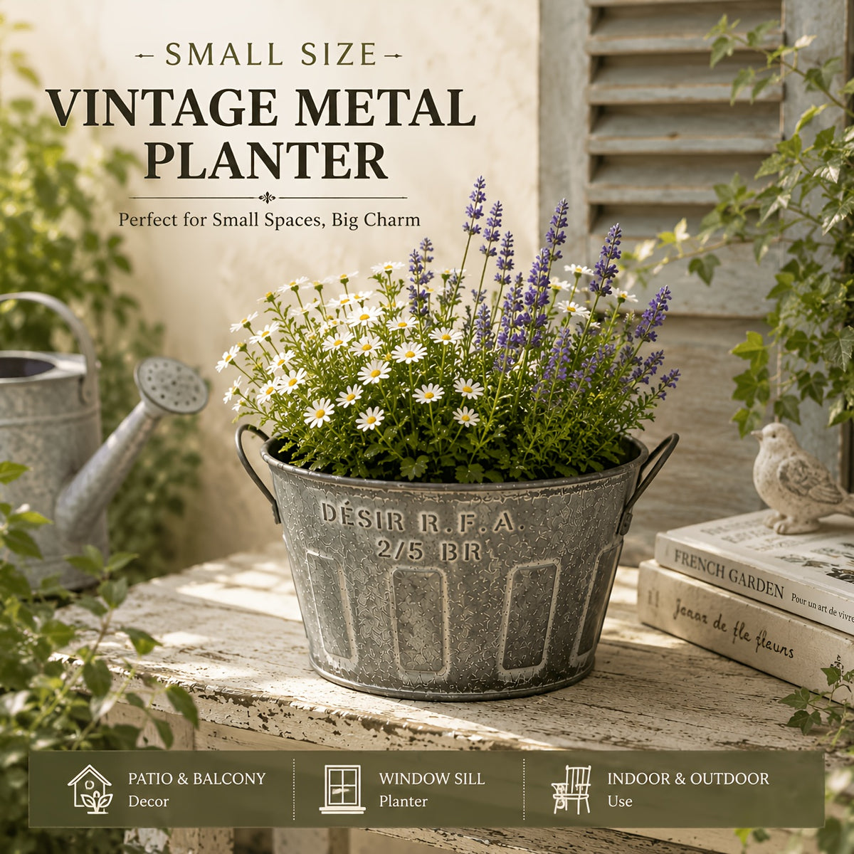 Pot de fleur bassin en métal galvanisé vintage à poignées