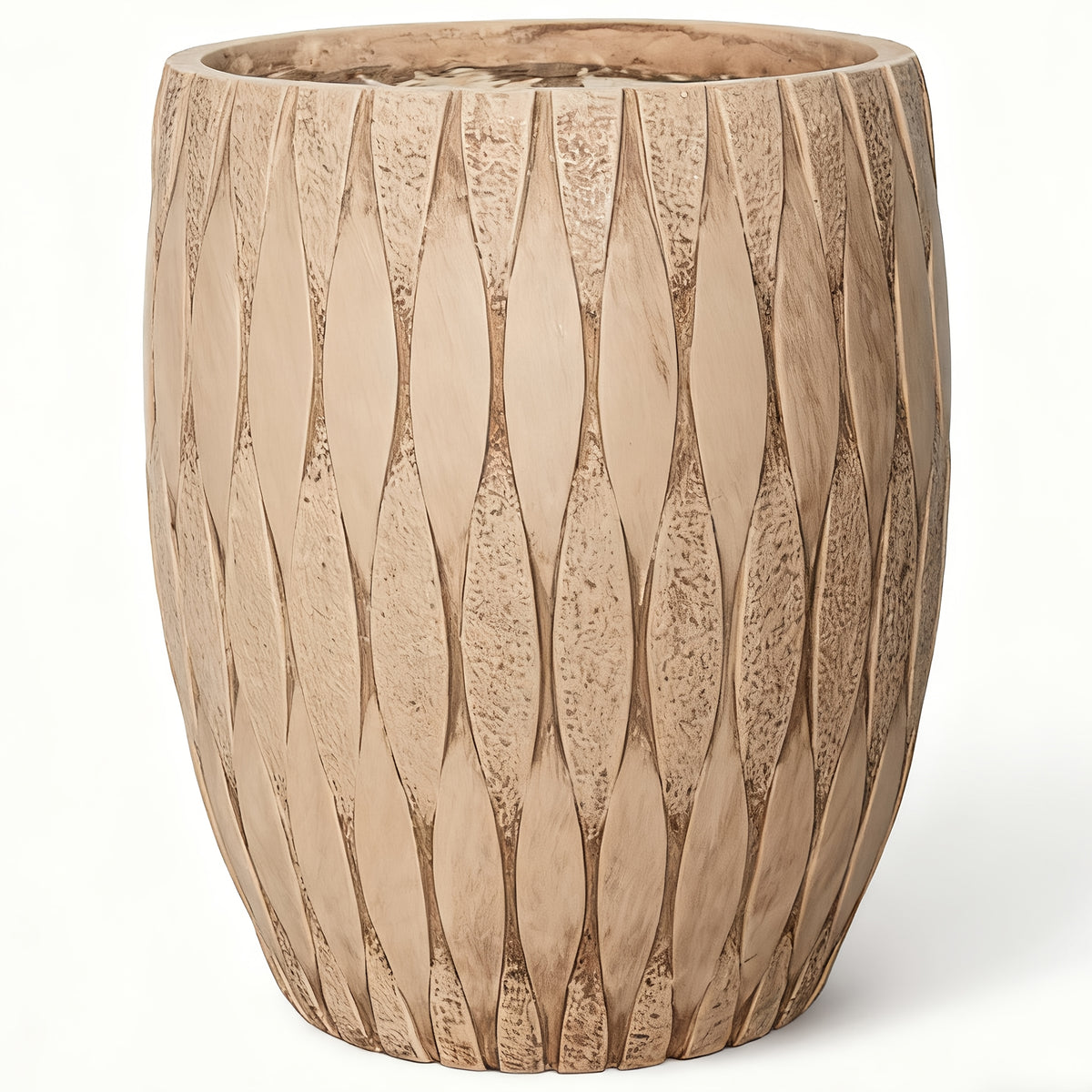 Pot de fleur en béton beige camel à relief sculpté, 2 tailles