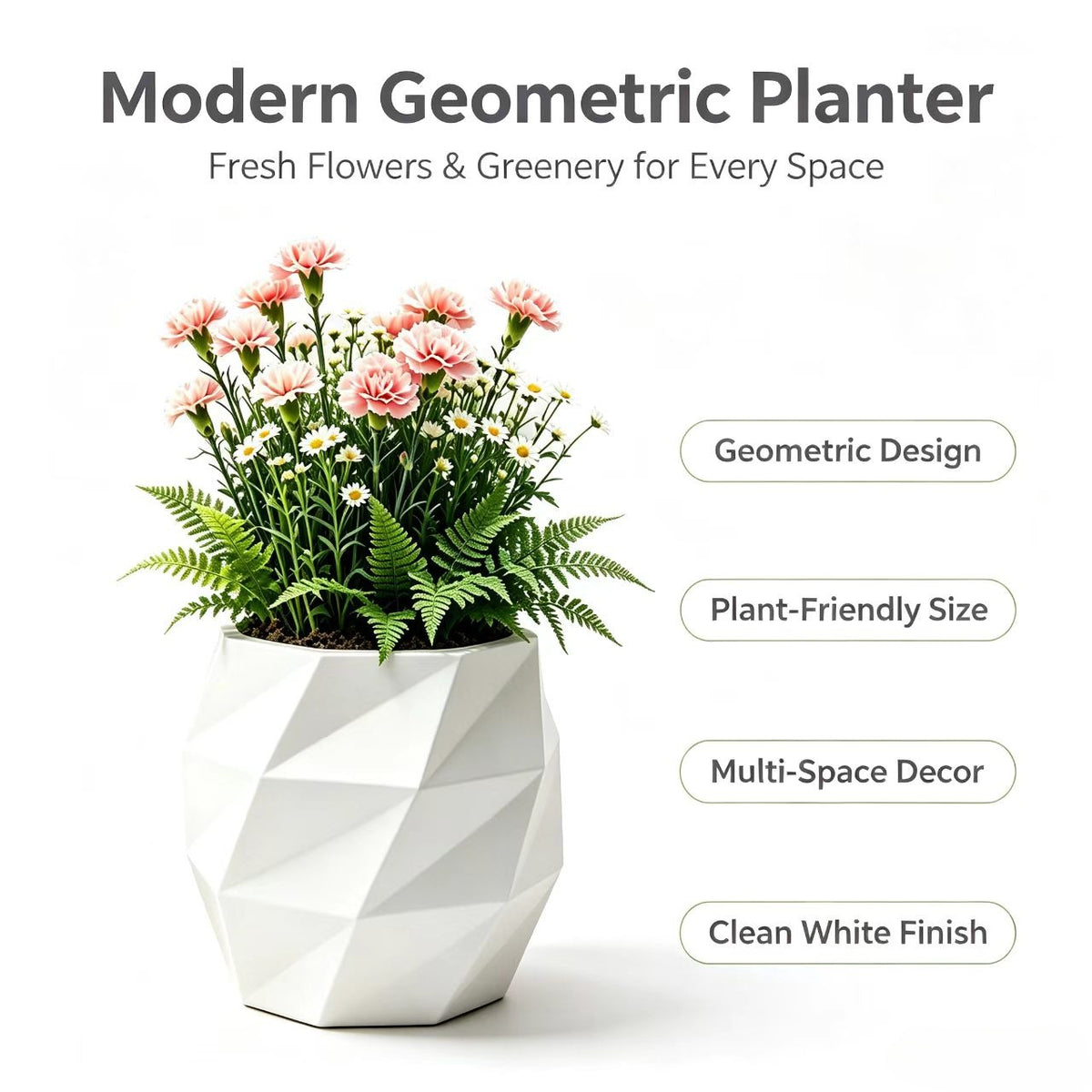 Pot de fleur blanc géométrique 18 L avec soucoupe incluse