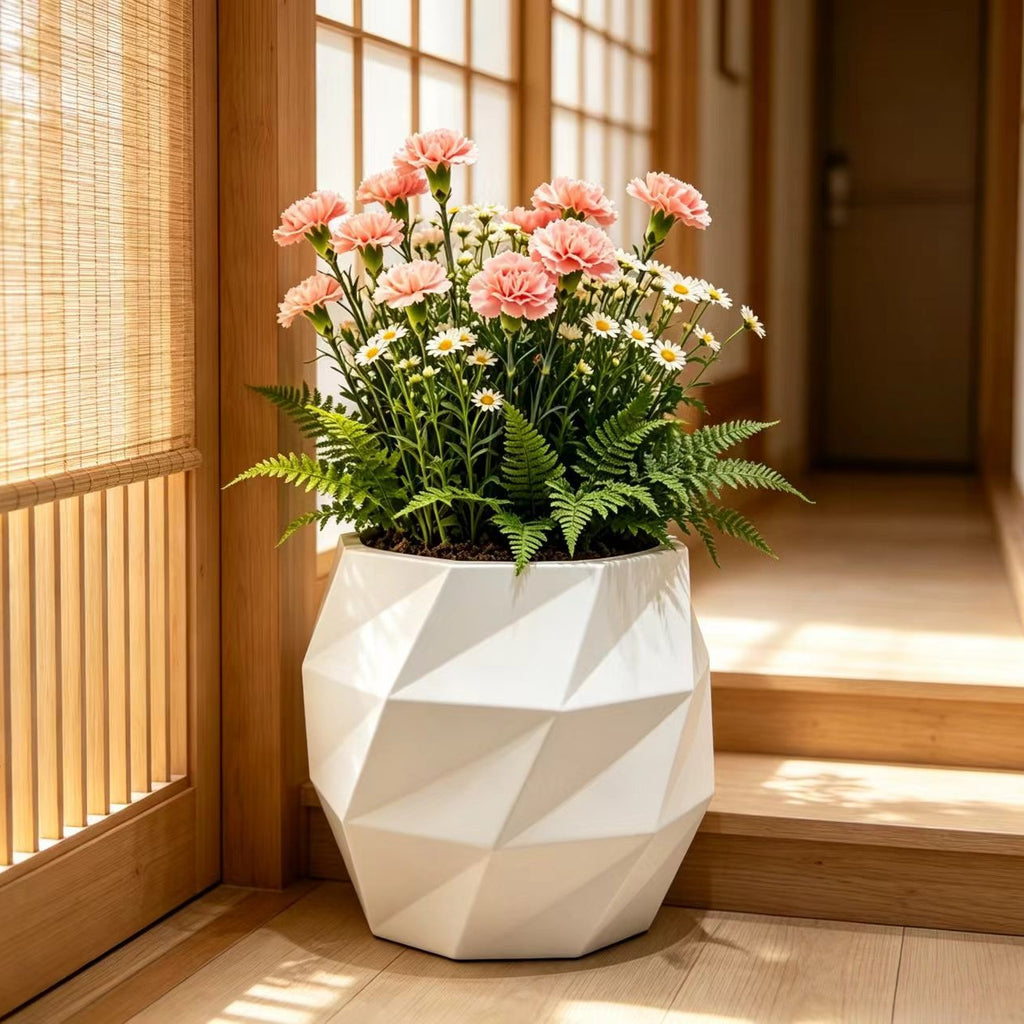 Pot de fleur blanc géométrique 18 L avec soucoupe incluse