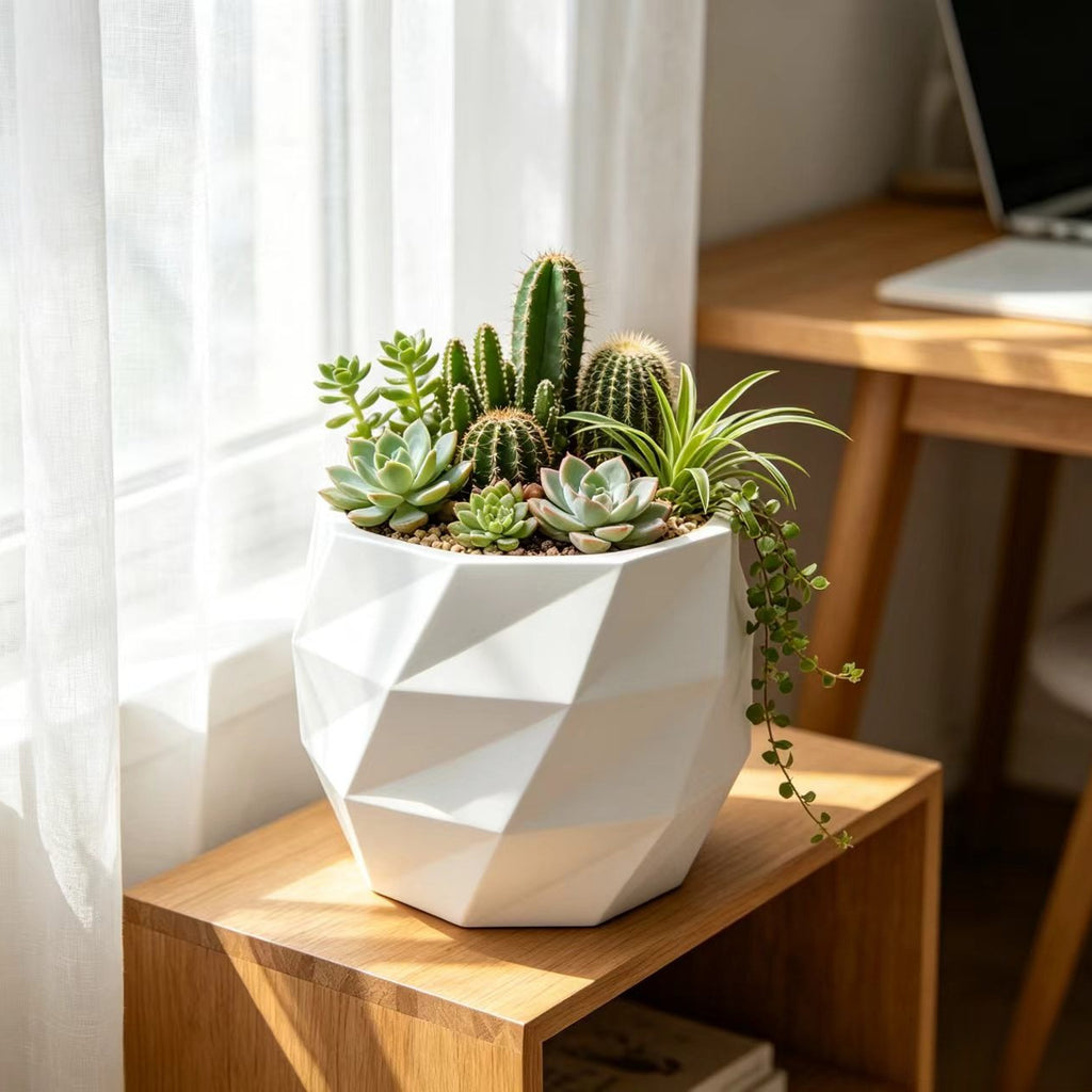 Pot de fleur blanc géométrique 18 L avec soucoupe incluse
