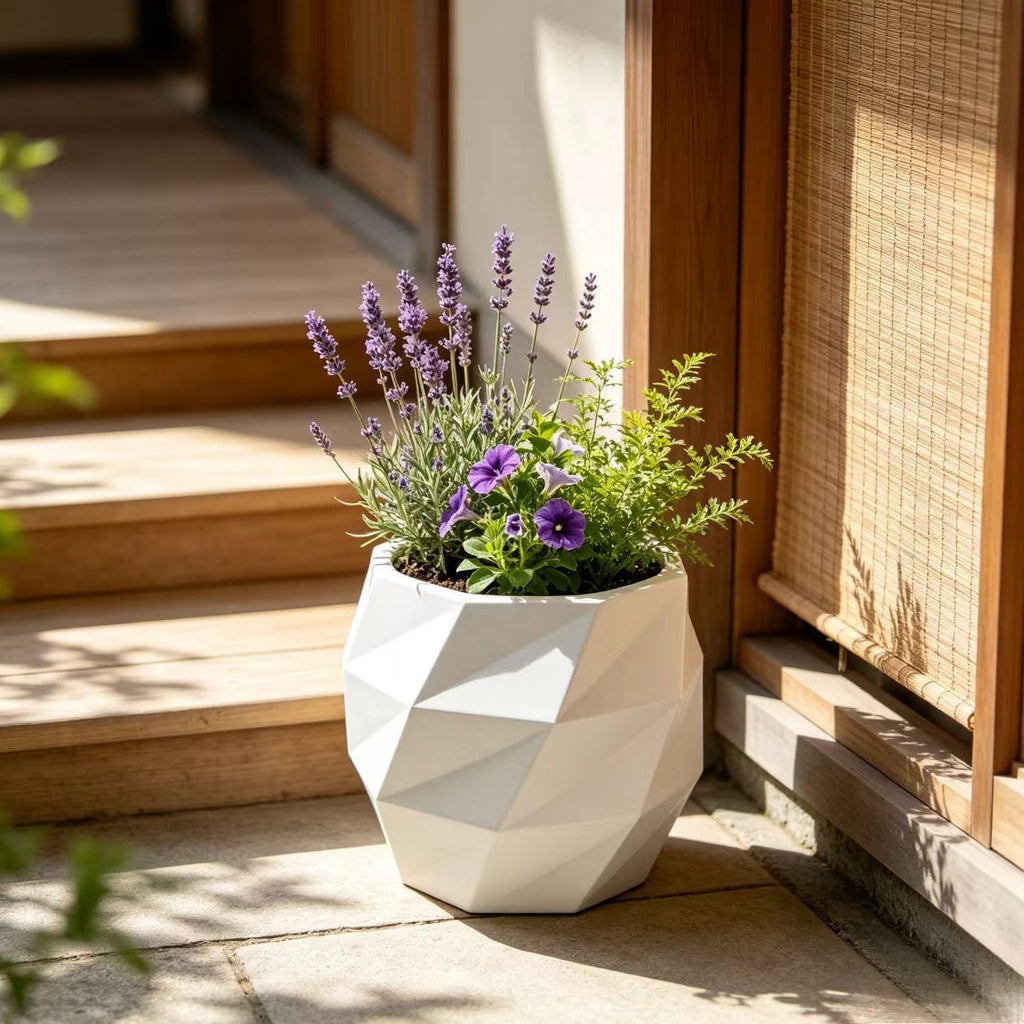 Pot de fleur blanc géométrique 18 L avec soucoupe incluse