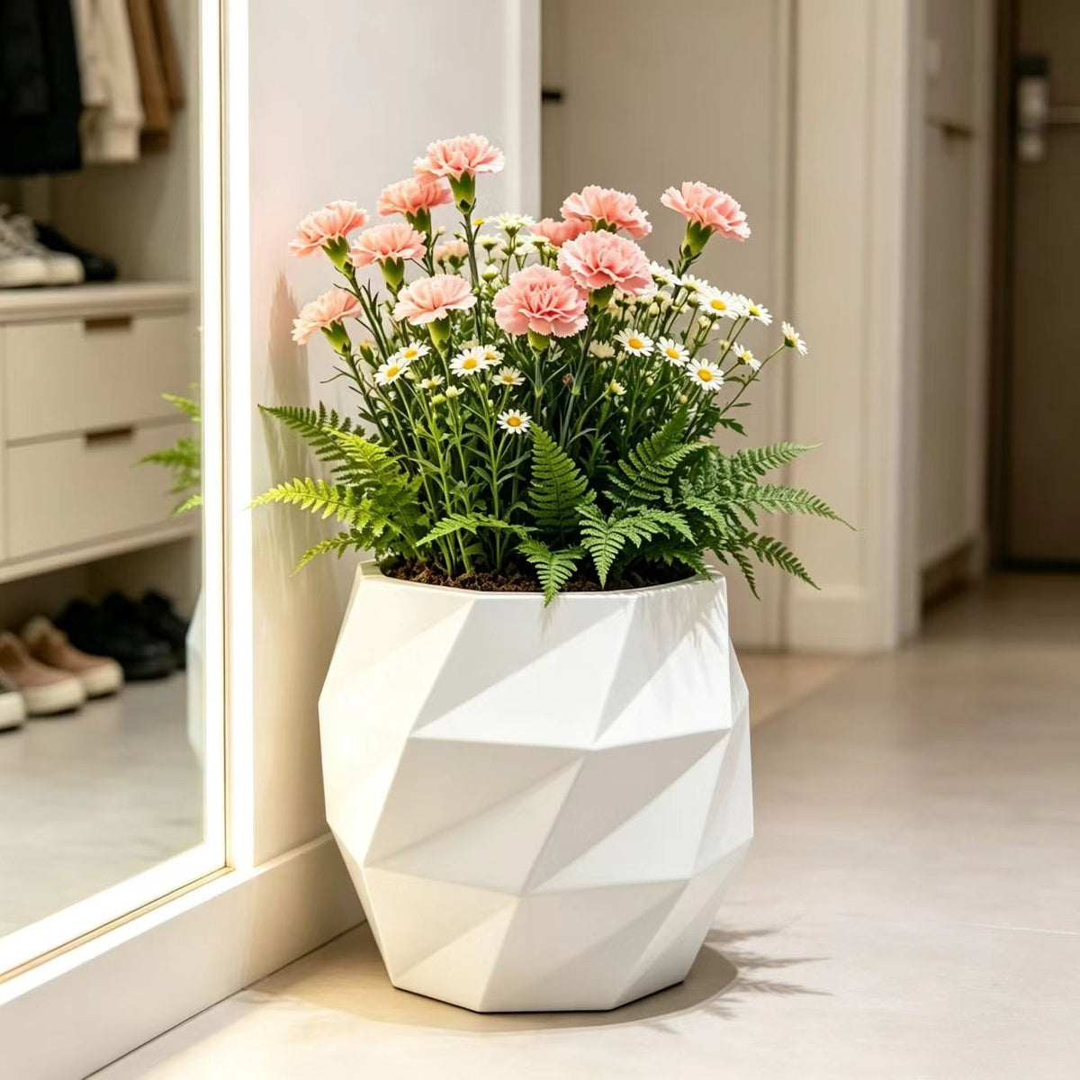 Pot de fleur blanc géométrique 18 L avec soucoupe incluse