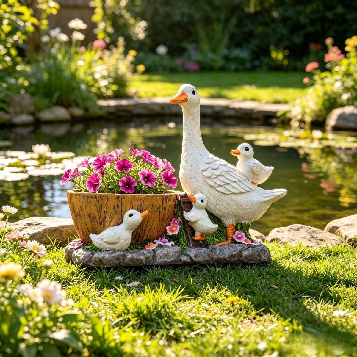 Pot de fleur canard en résine 17 cm — famille de canetons