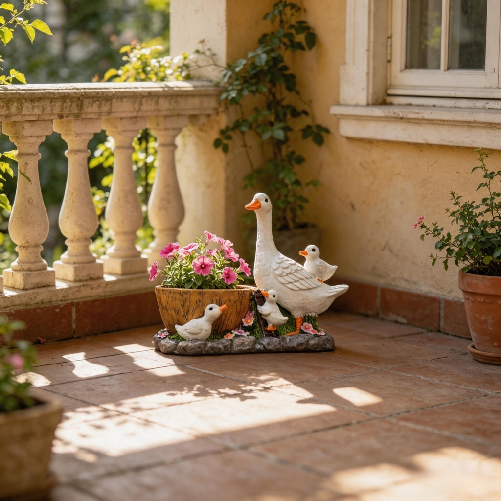 Pot de fleur canard en résine 17 cm — famille de canetons