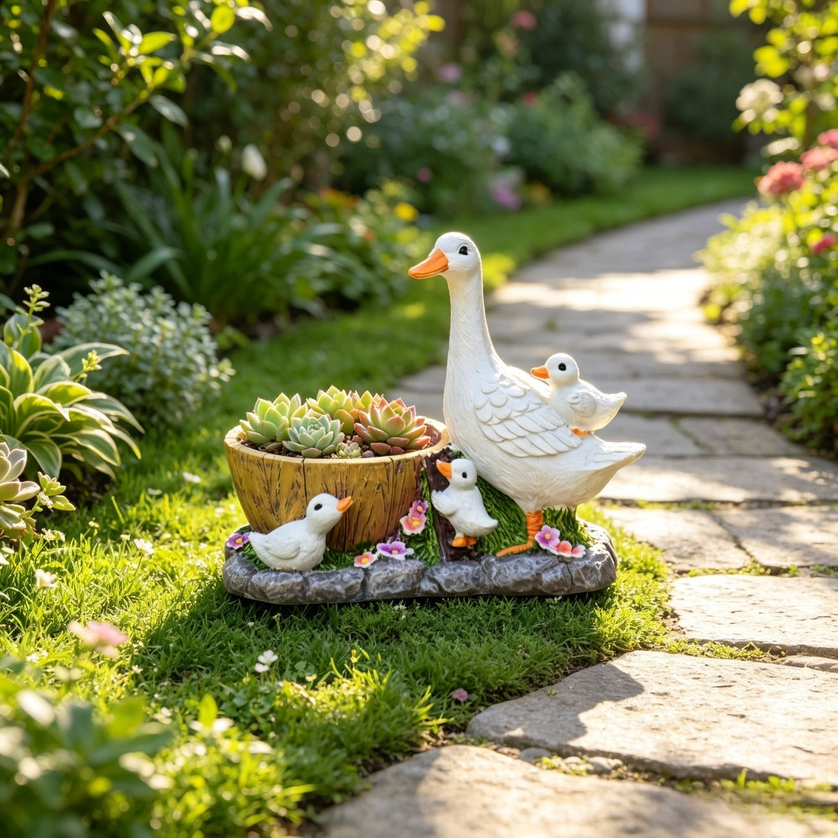 Pot de fleur canard en résine 17 cm — famille de canetons
