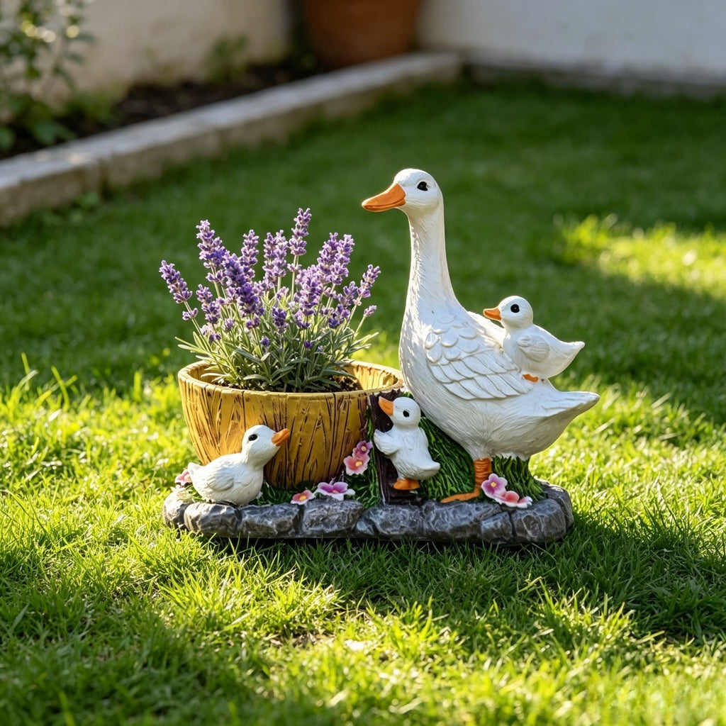 Pot de fleur canard en résine 17 cm — famille de canetons