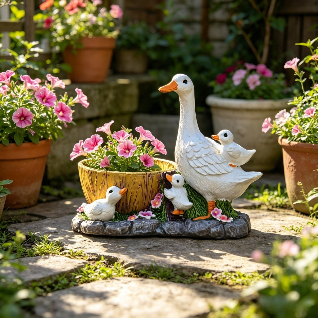 Pot de fleur canard en résine 17 cm — famille de canetons