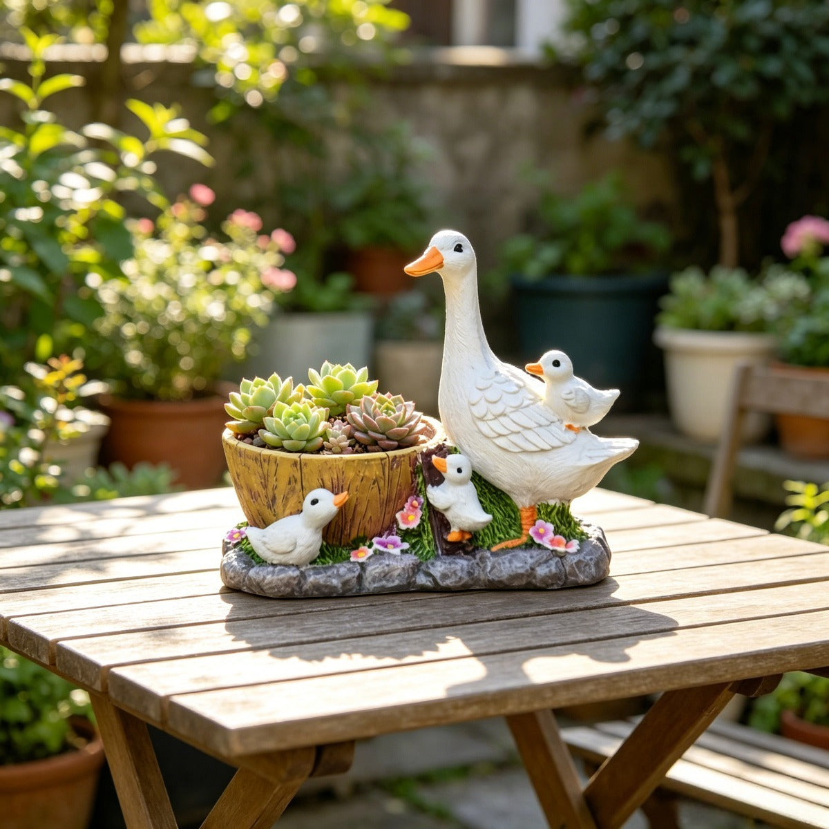 Pot de fleur canard en résine 17 cm — famille de canetons
