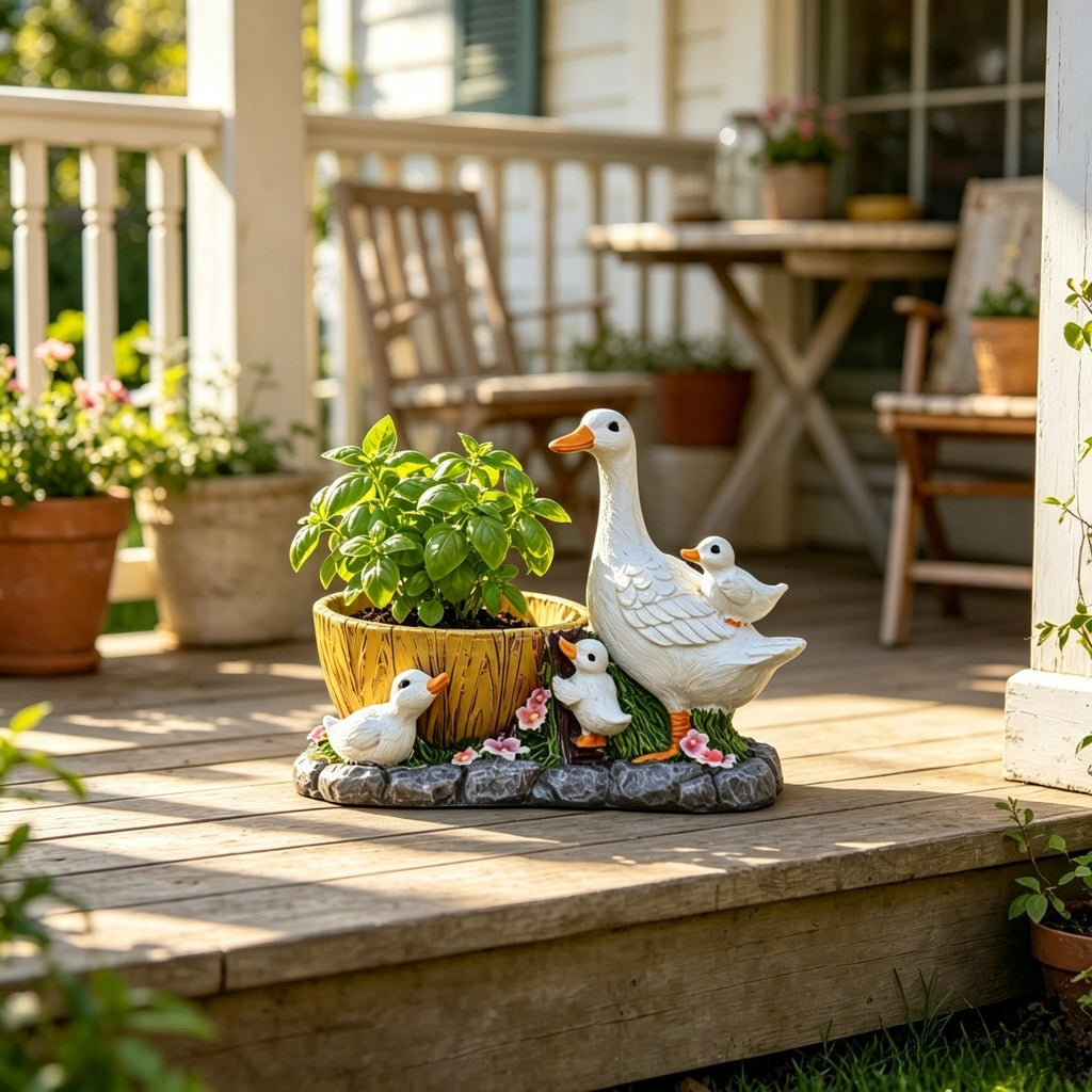 Pot de fleur canard en résine 17 cm — famille de canetons
