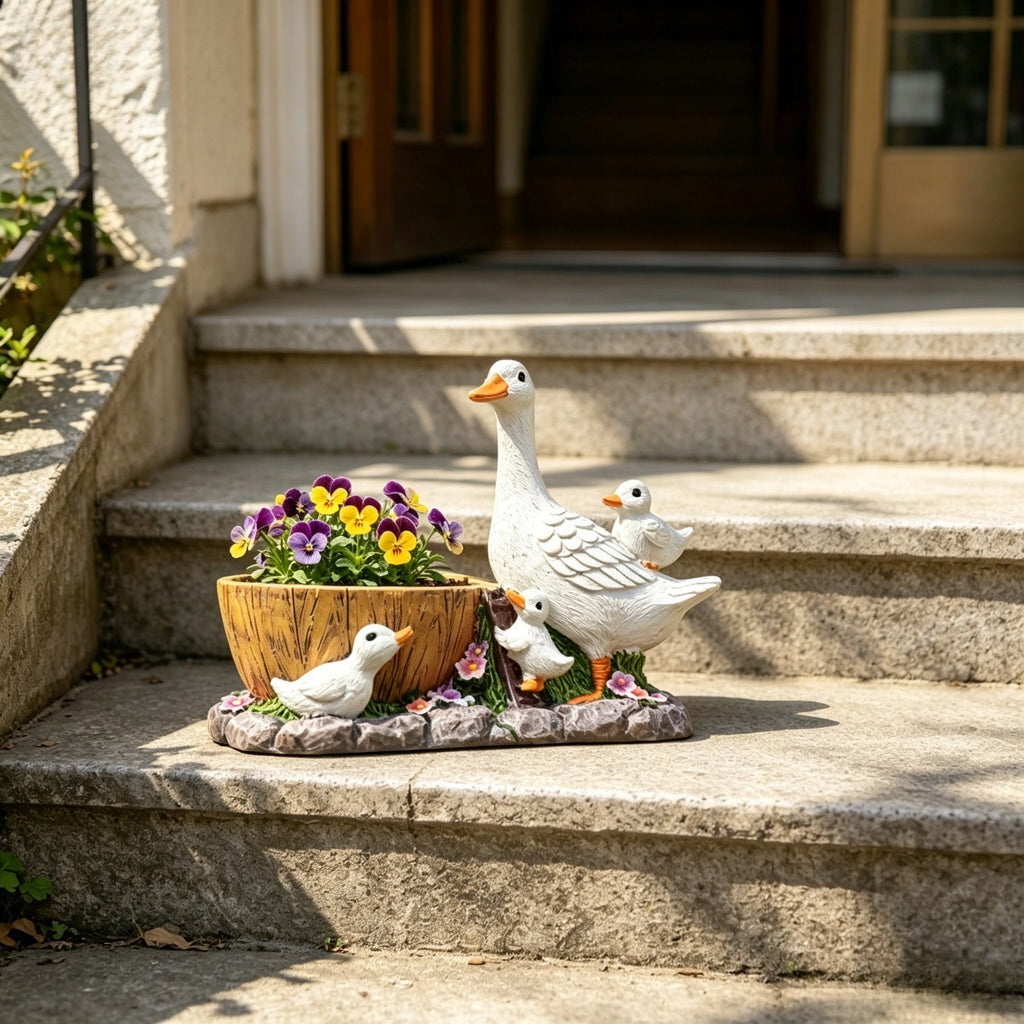 Pot de fleur canard en résine 17 cm — famille de canetons