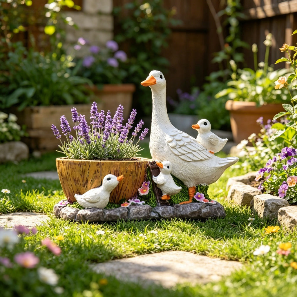 Pot de fleur canard en résine 17 cm — famille de canetons