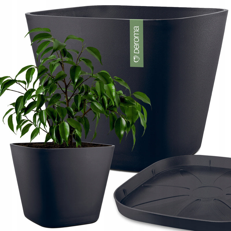Pot de fleur carré anthracite 38 cm, 29 L, soucoupe incluse