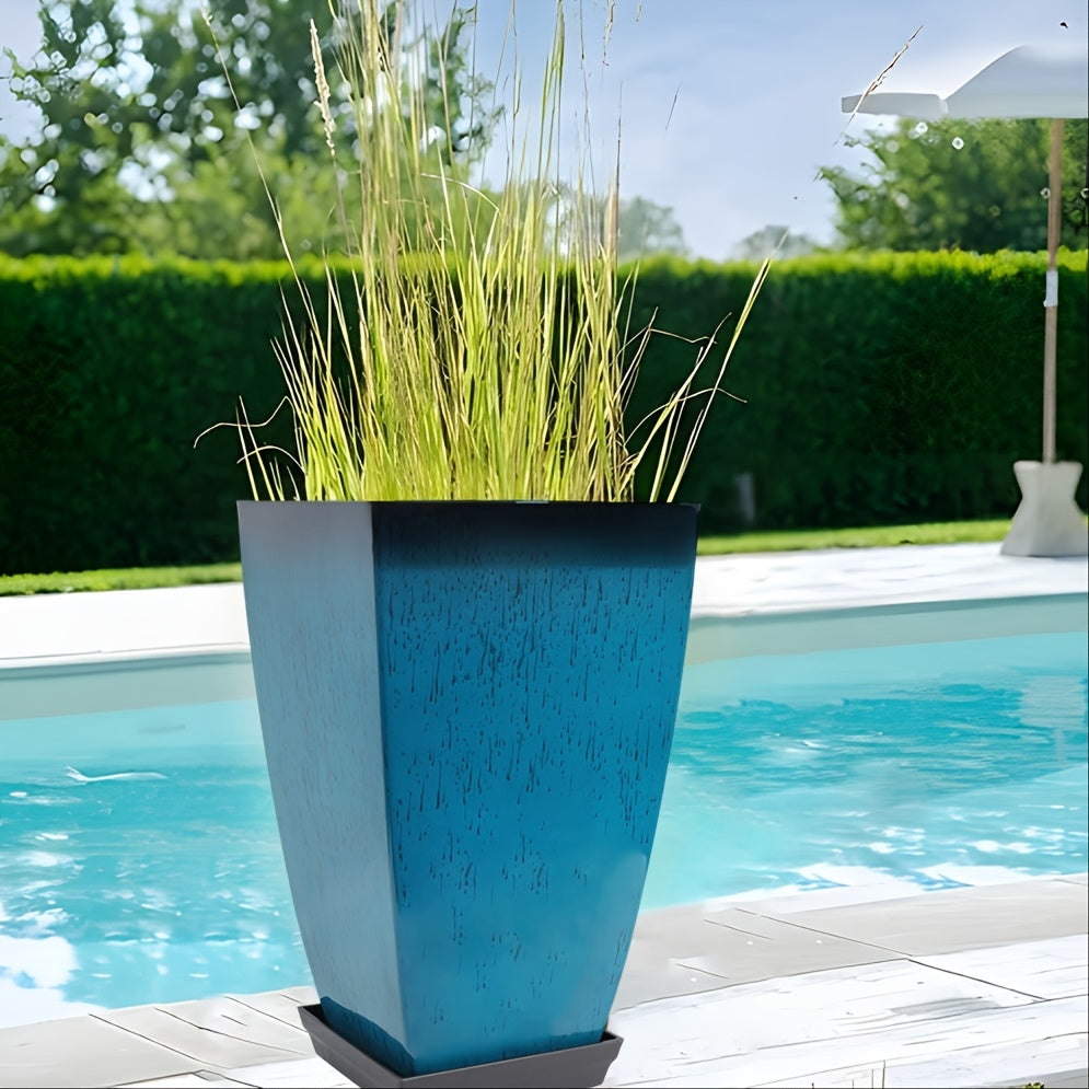 Pot de fleur carré haut bleu glaçure dégradée 31x31x53 cm