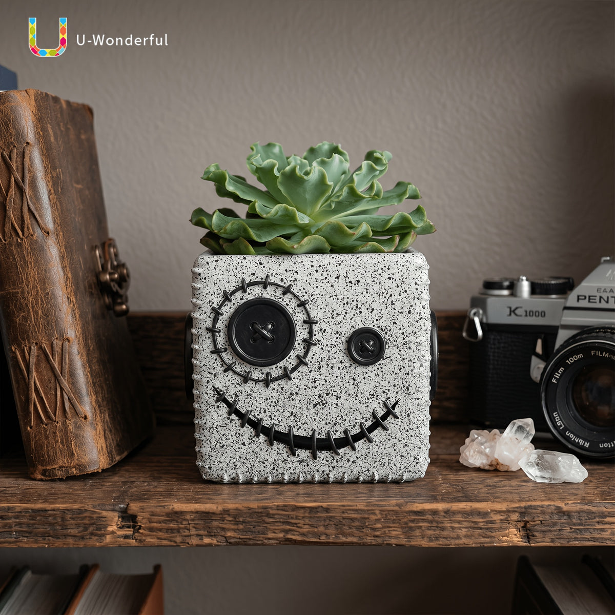 Pot de fleur carré en résine visage à boutons gris 11 cm