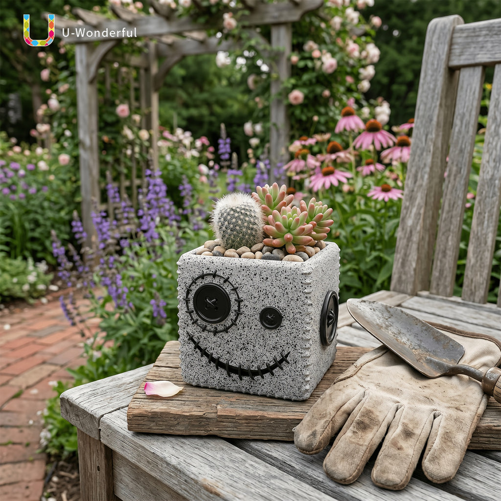 Pot de fleur carré en résine visage à boutons gris 11 cm