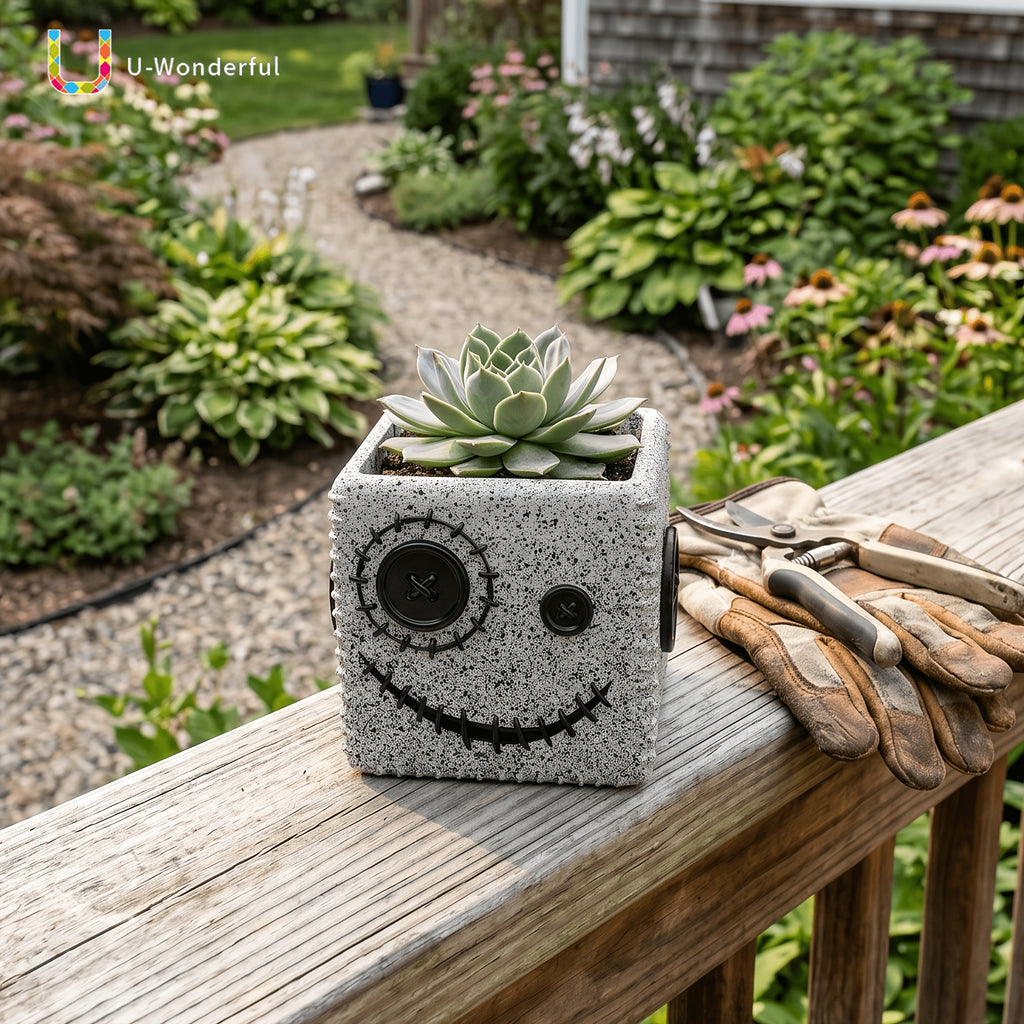 Pot de fleur carré en résine visage à boutons gris 11 cm