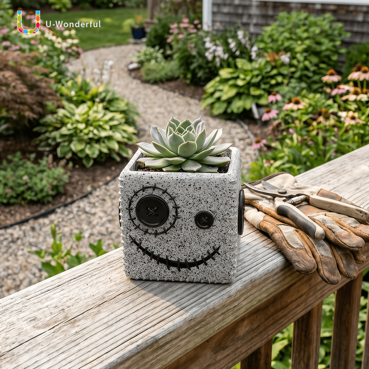 Pot de fleur carré en résine visage à boutons gris 11 cm
