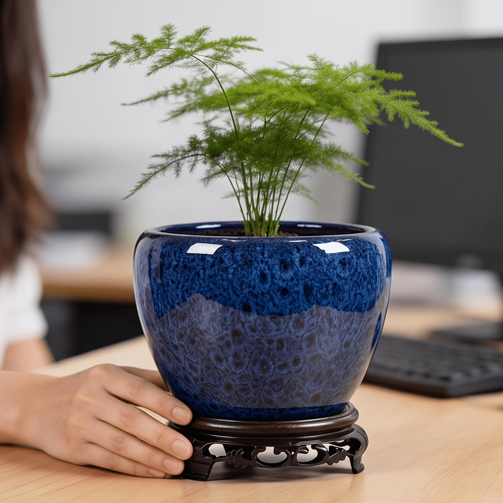 Pot de fleur céramique bleu paon Ø 16 cm avec socle en bois