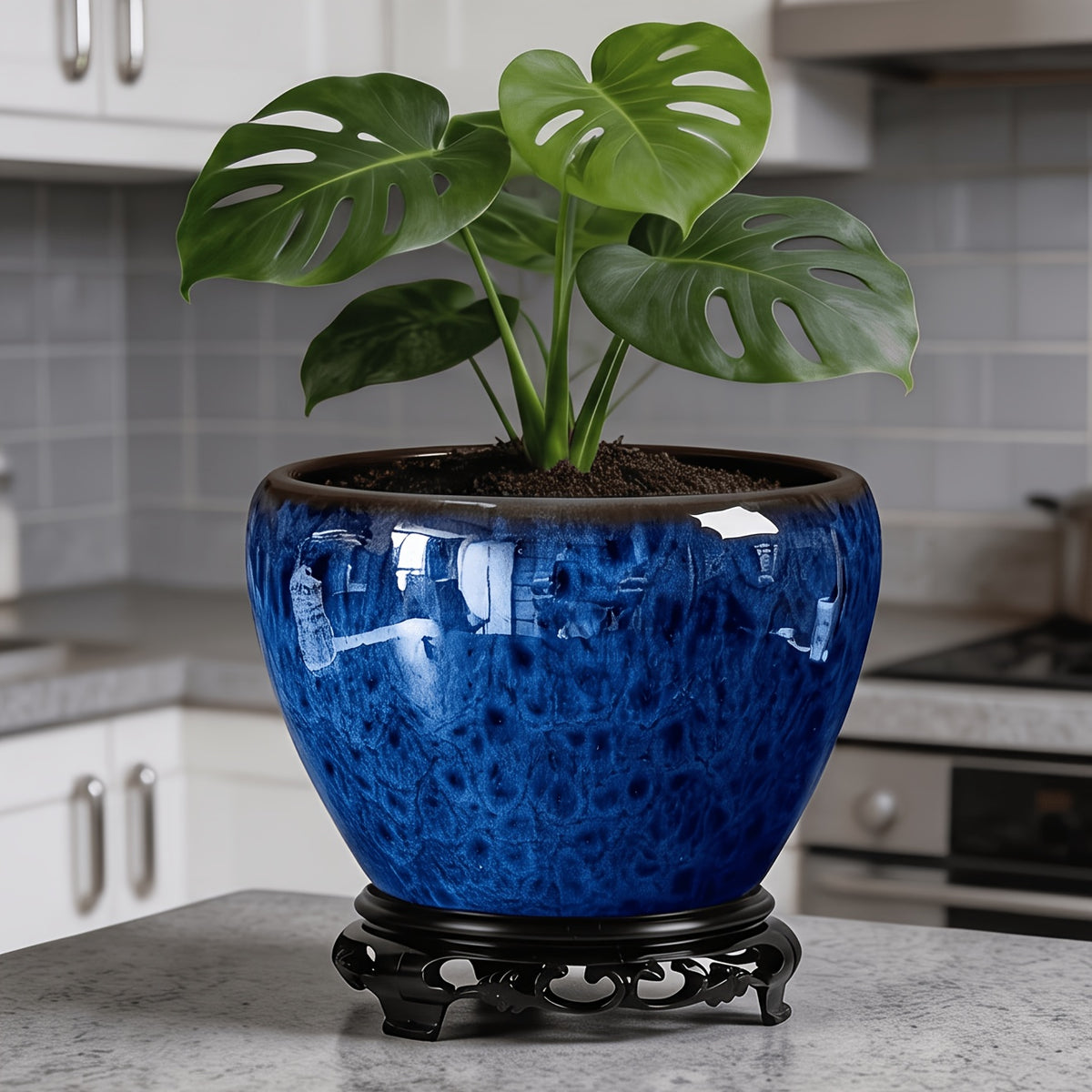 Pot de fleur céramique bleu paon Ø 16 cm avec socle en bois