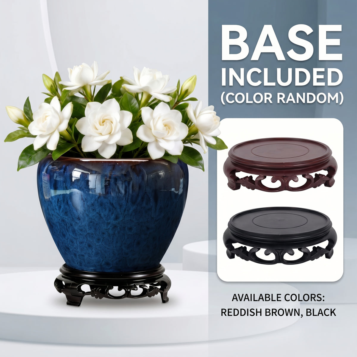 Pot de fleur céramique bleu paon Ø 16 cm avec socle en bois