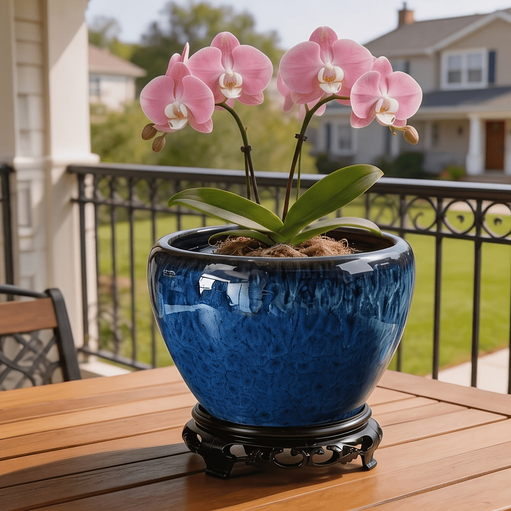 Pot de fleur céramique bleu paon Ø 16 cm avec socle en bois