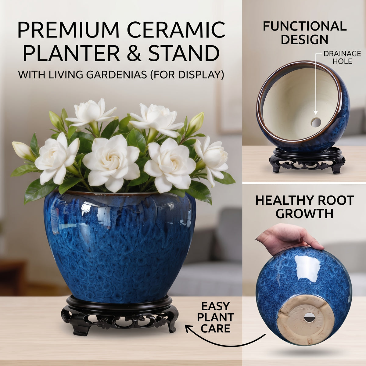 Pot de fleur céramique bleu paon Ø 16 cm avec socle en bois