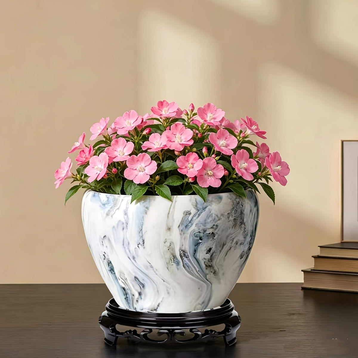Pot de fleur en céramique effet marbre Ø 16 cm avec socle