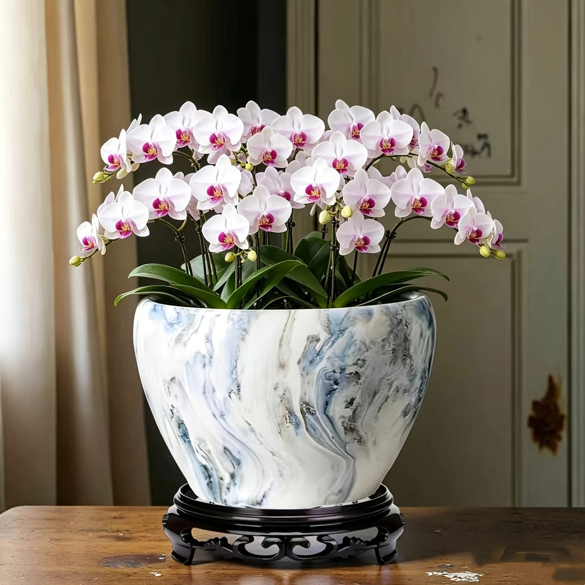 Pot de fleur en céramique effet marbre Ø 16 cm avec socle