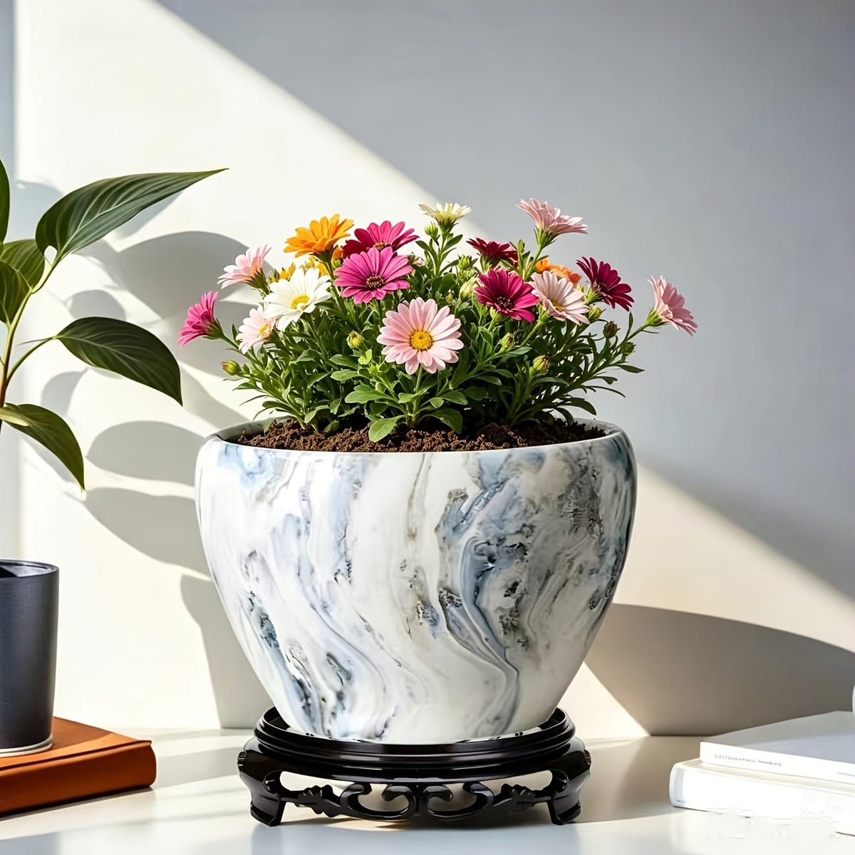 Pot de fleur en céramique effet marbre Ø 16 cm avec socle