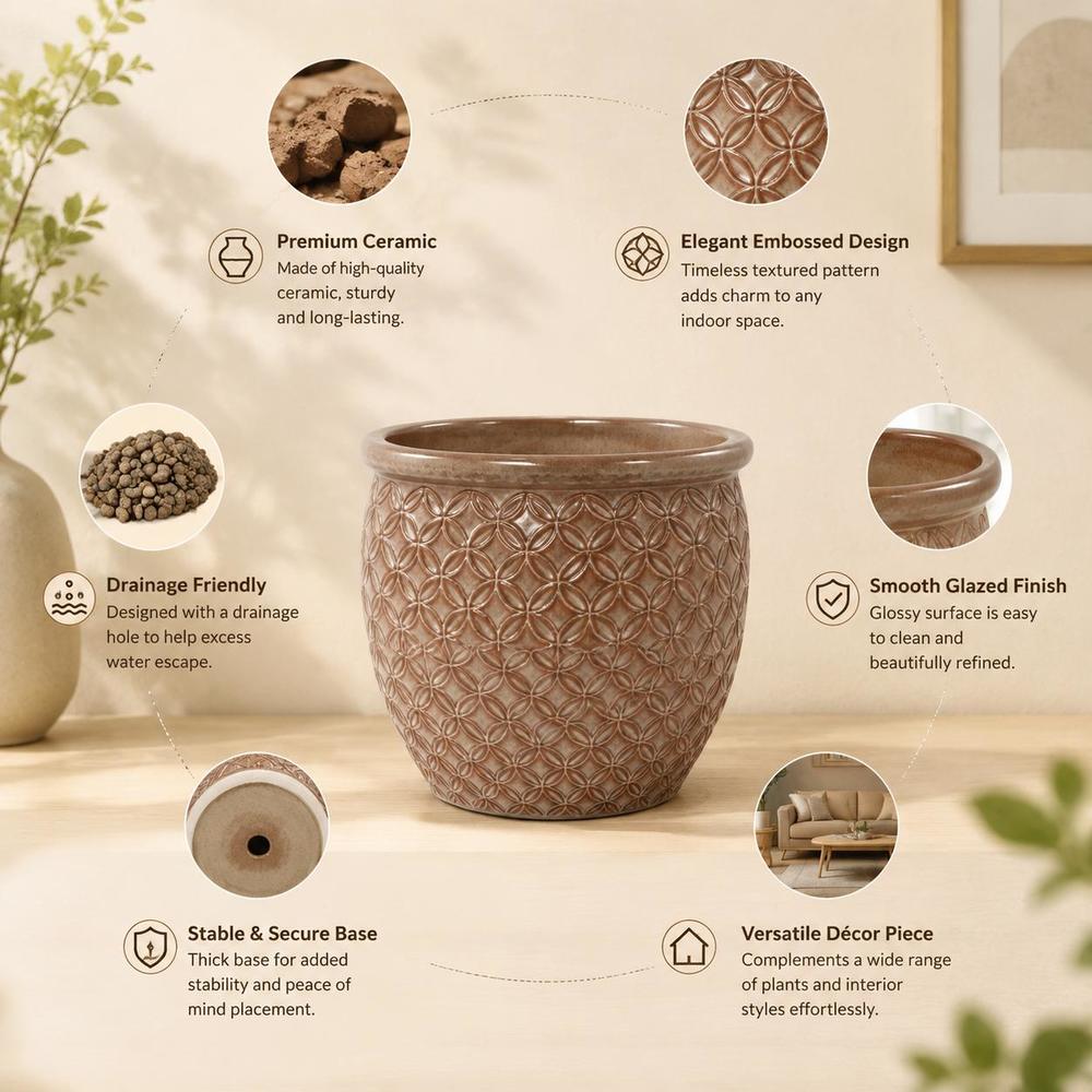 Pot de fleur en céramique émaillée Ø 31 cm beige à relief